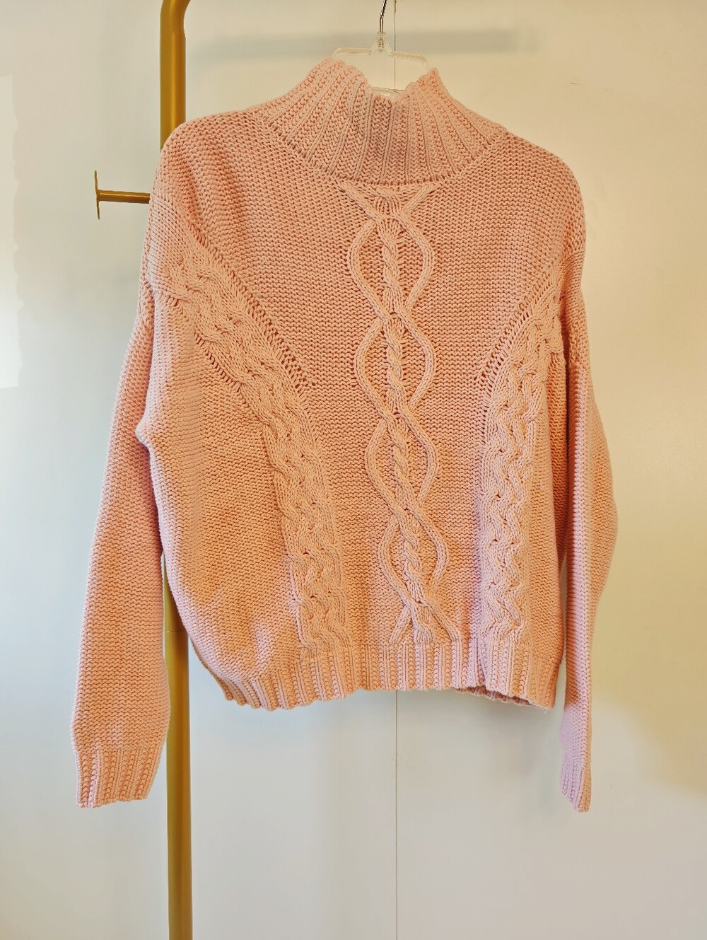 Cottagecore Rhythm Cable Knit Sweater Womens Small Pink Turtleneck Cotton